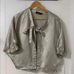 elevenses Silver Satin Tie-Neck Short Sleeve Blouse